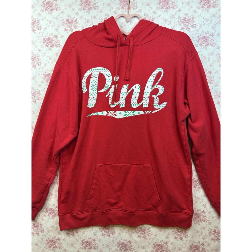 Victoria's Secret PINK Red Christmas Graphic Pullover Hoodie Women's M‎